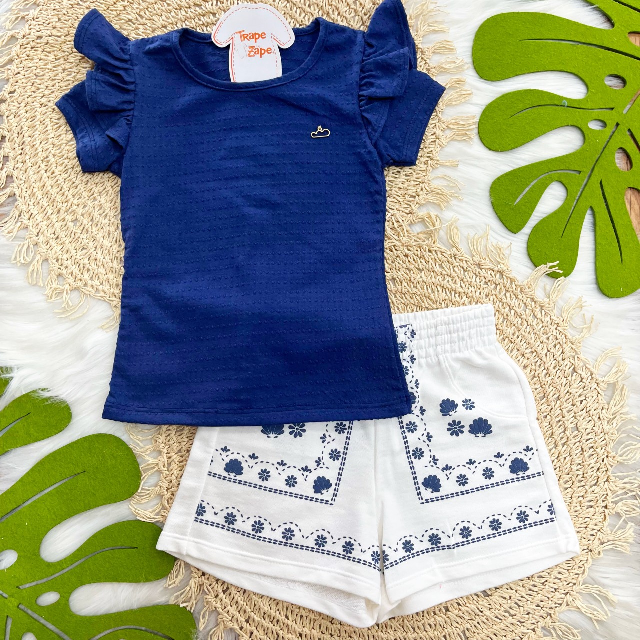 Conj Blusa Marinho e Short Branco Floral 